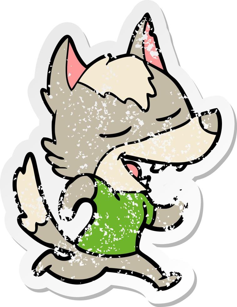 distressed sticker of a cartoon running wolf laughing vector