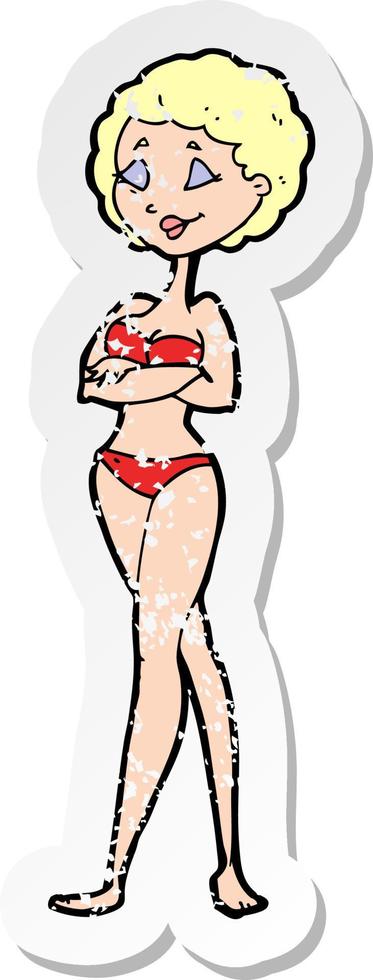 retro distressed sticker of a cartoon retro woman in bikini vector