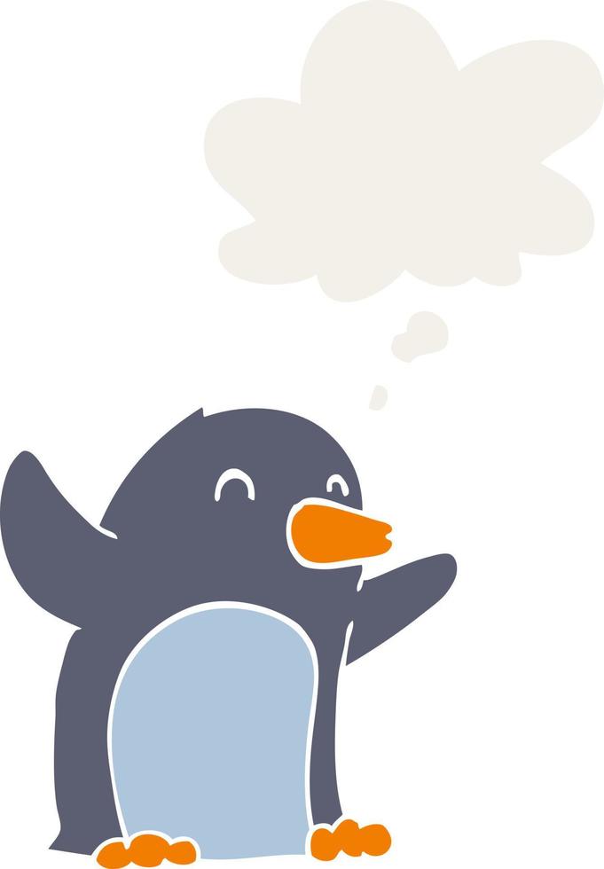 pingüino emocionado de dibujos animados y burbuja de pensamiento en estilo retro vector