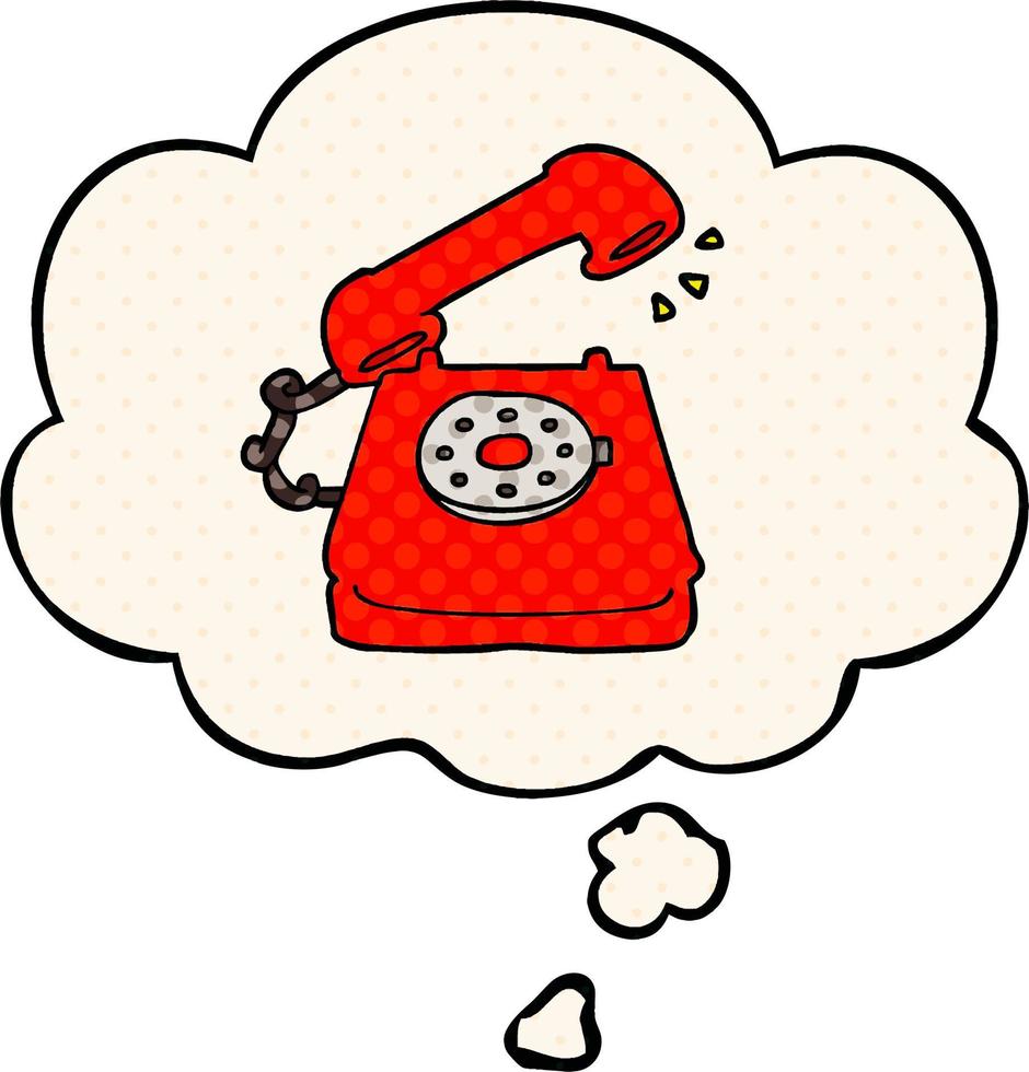 cartoon old telephone and thought bubble in comic book style vector
