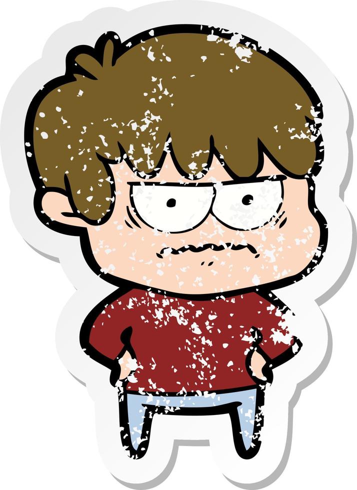 distressed sticker of a annoyed cartoon boy vector