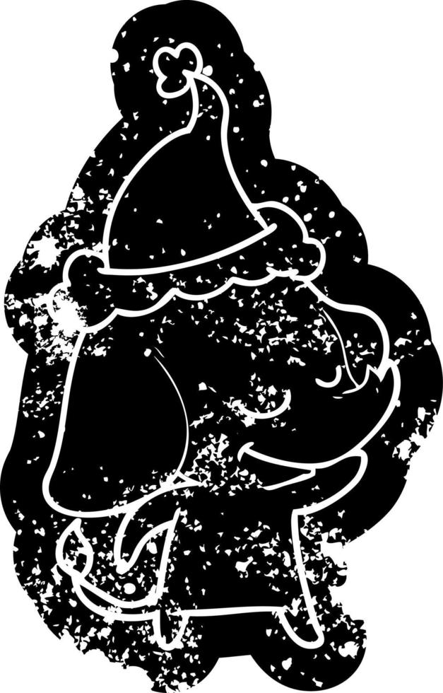 cartoon distressed icon of a smiling elephant wearing santa hat vector