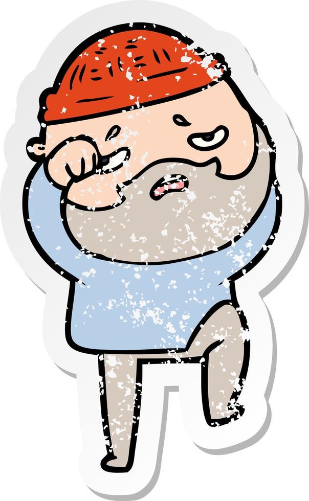 distressed sticker of a cartoon worried man with beard vector