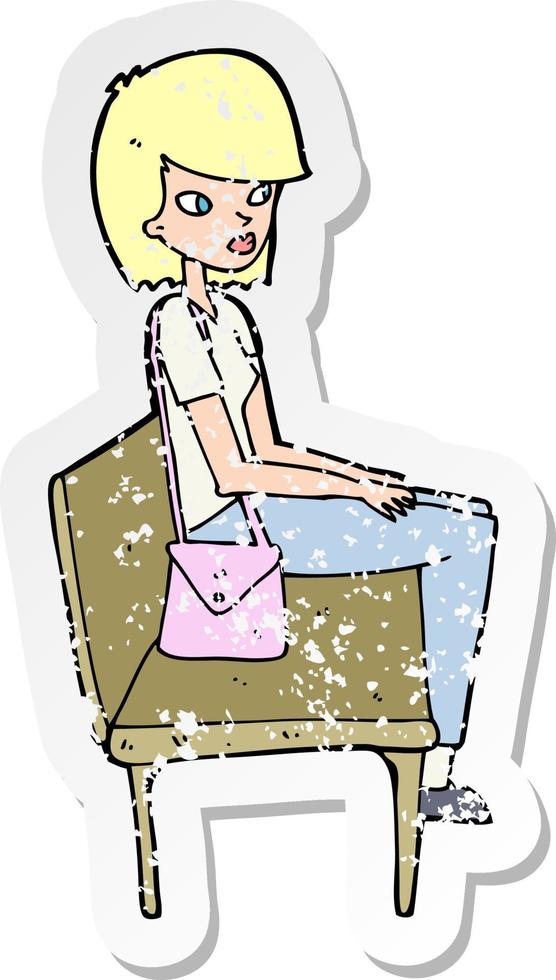 retro distressed sticker of a cartoon woman sitting on bench vector