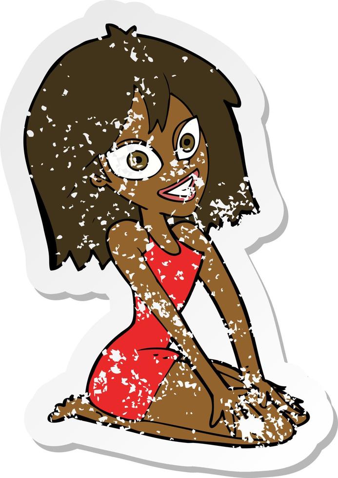 retro distressed sticker of a cartoon happy woman in dress vector