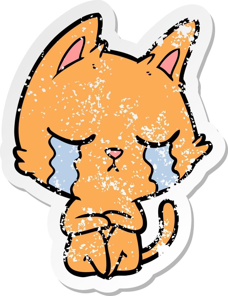 distressed sticker of a crying cartoon cat sitting vector