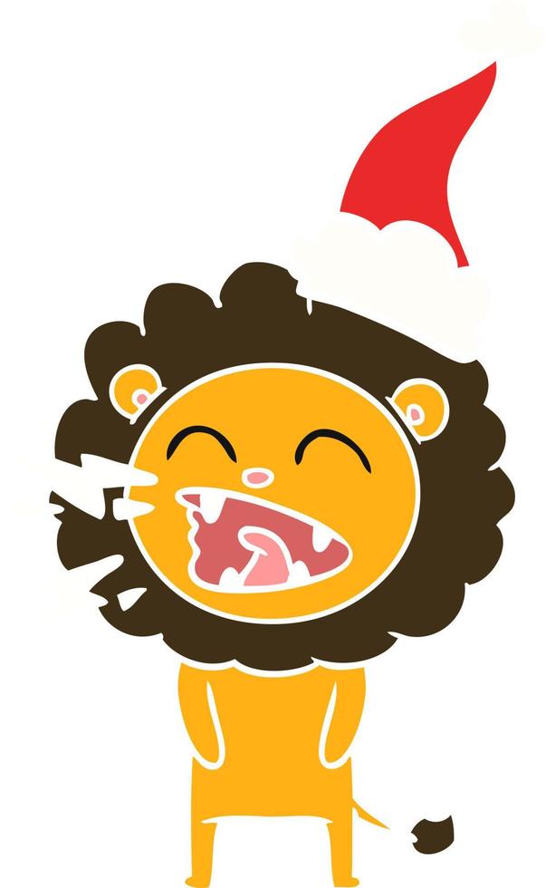 flat color illustration of a roaring lion wearing santa hat vector