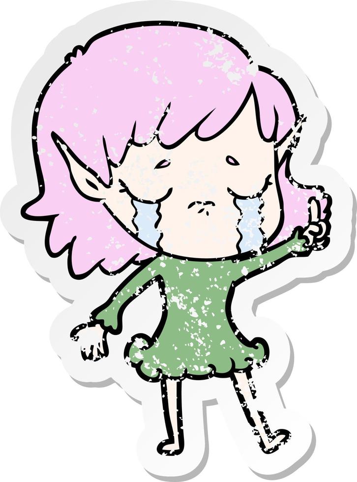 distressed sticker of a cartoon crying elf girl vector