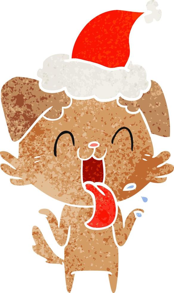 retro cartoon of a panting dog shrugging shoulders wearing santa hat vector