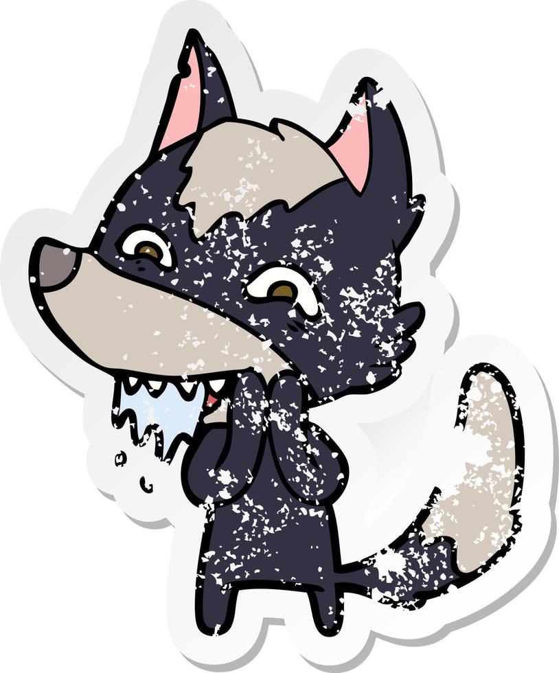 distressed sticker of a cartoon hungry wolf vector