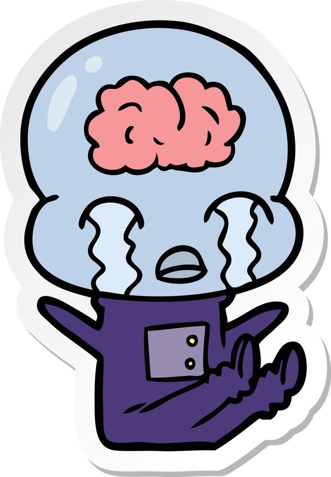 sticker of a cartoon big brain alien crying vector