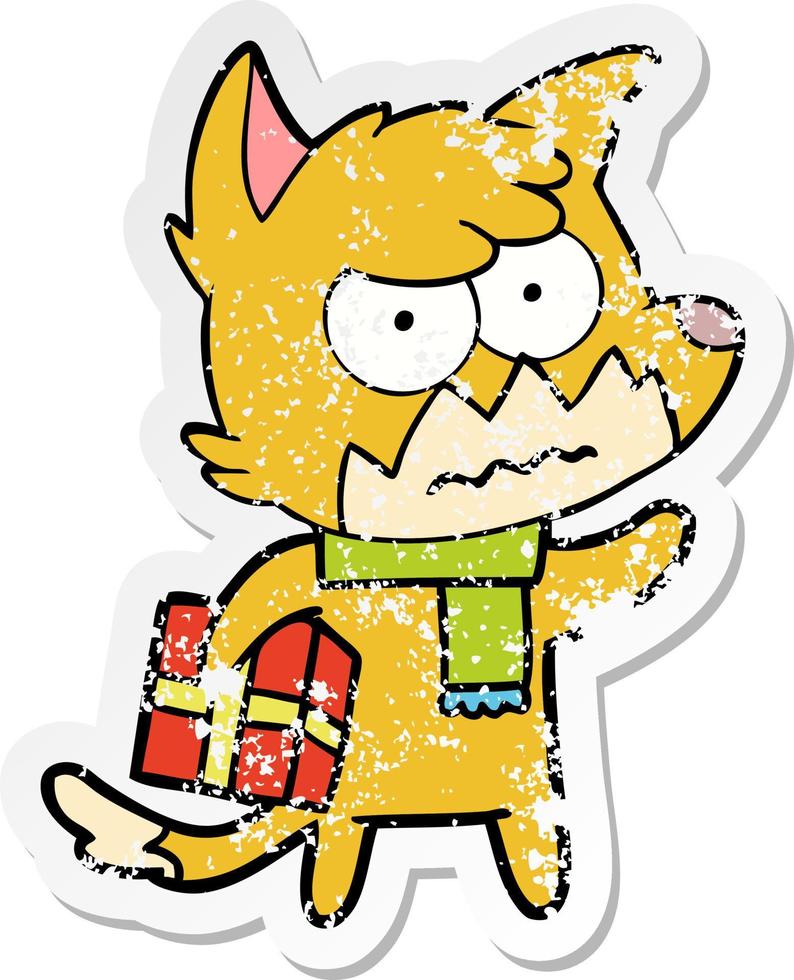 distressed sticker of a cartoon annoyed fox carrying gift vector