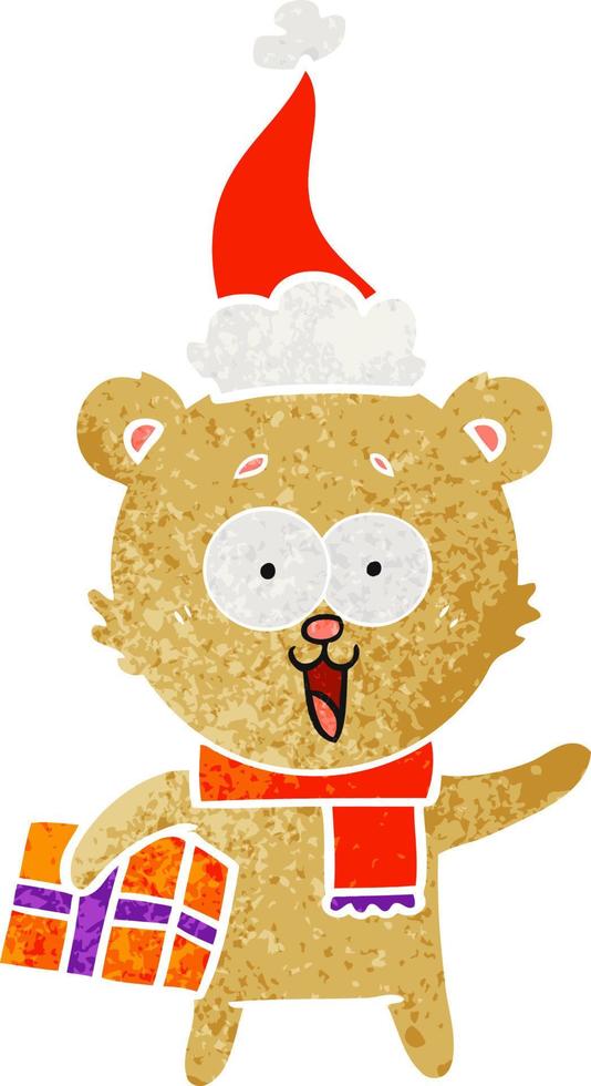 laughing teddy  bear with christmas present wearing santa hat vector