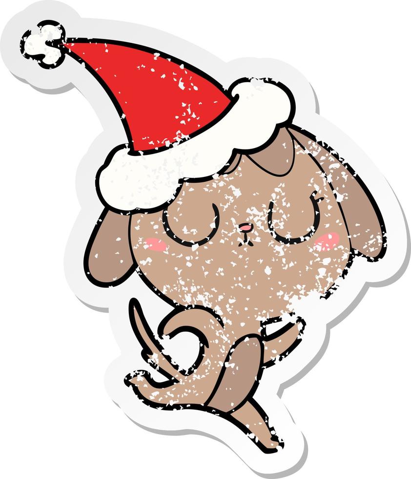 cute distressed sticker cartoon of a dog wearing santa hat vector