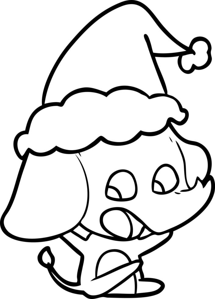 cute line drawing of a elephant wearing santa hat vector