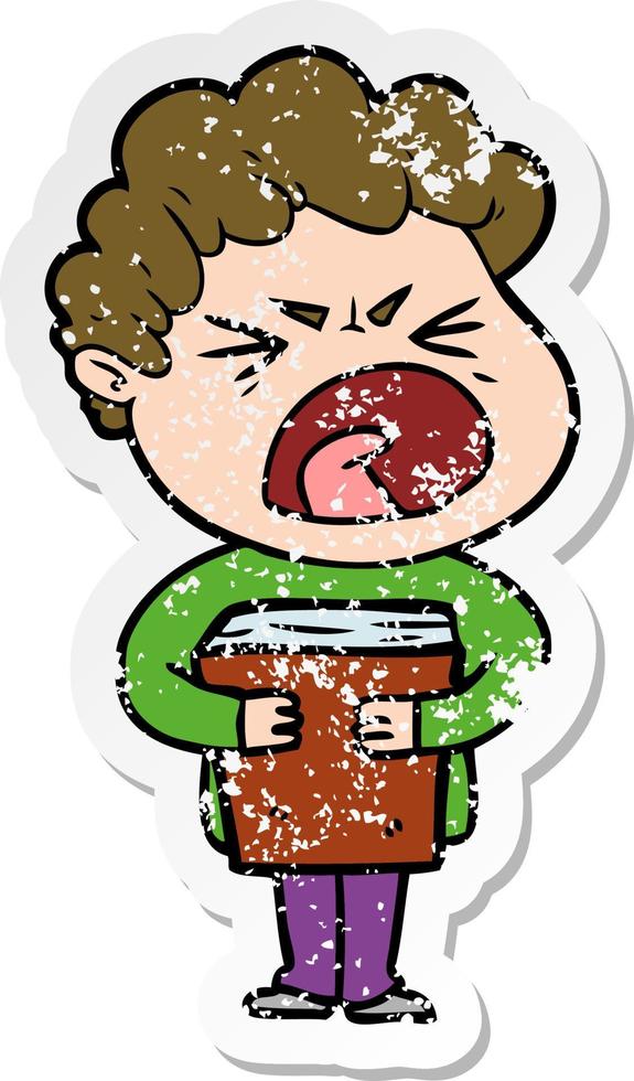 distressed sticker of a cartoon furious man vector