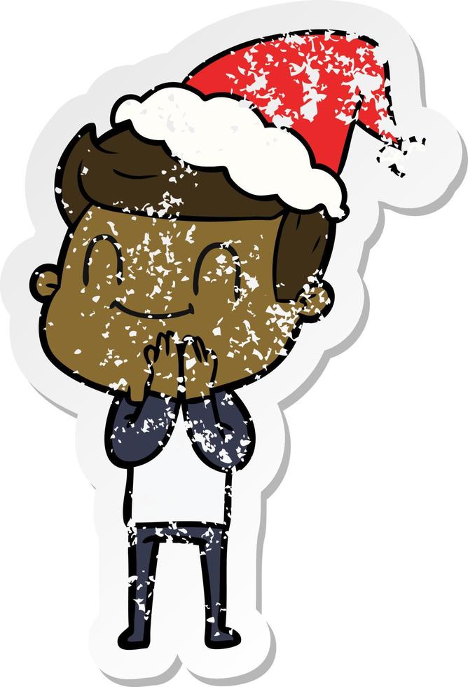 distressed sticker cartoon of a friendly man wearing santa hat vector