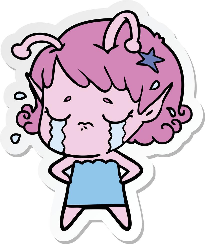 sticker of a cartoon crying alien girl vector