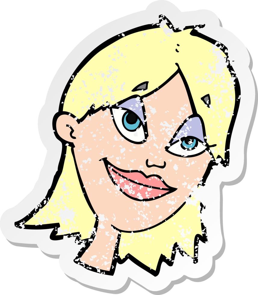 pegatina retro angustiada de una mujer feliz de dibujos animados vector