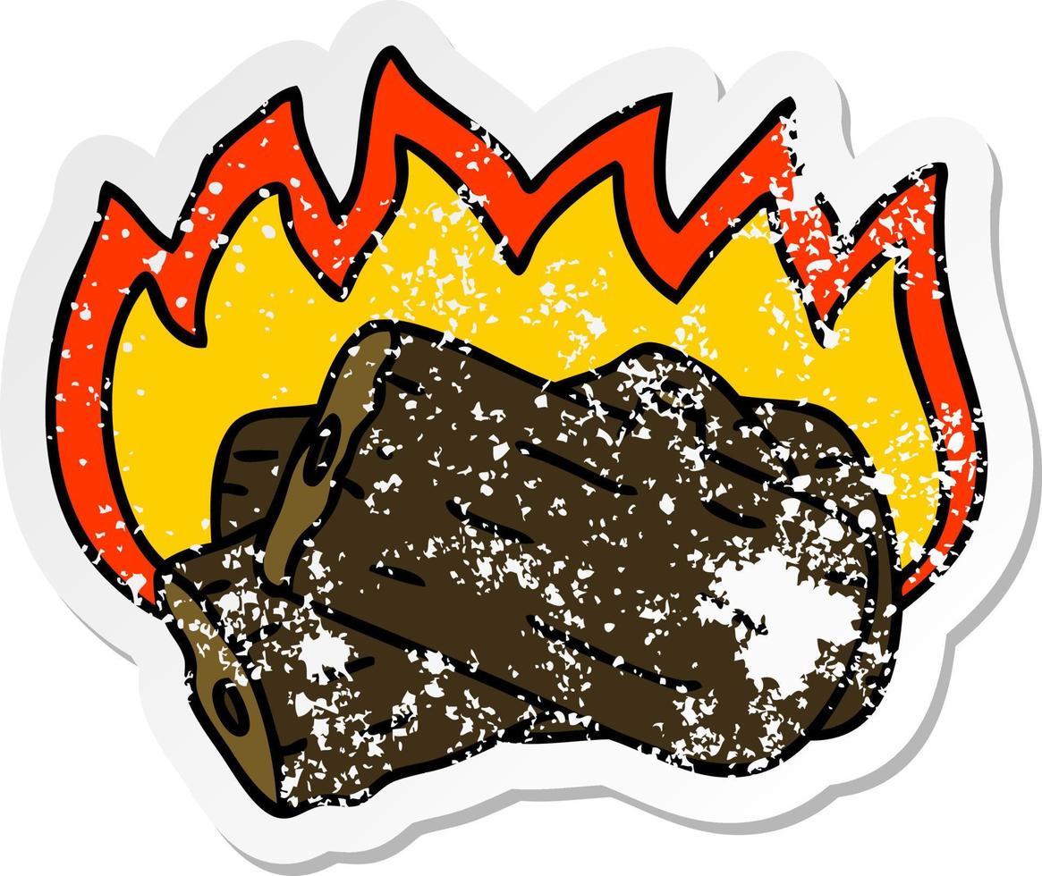 distressed sticker of a quirky hand drawn cartoon burning log vector