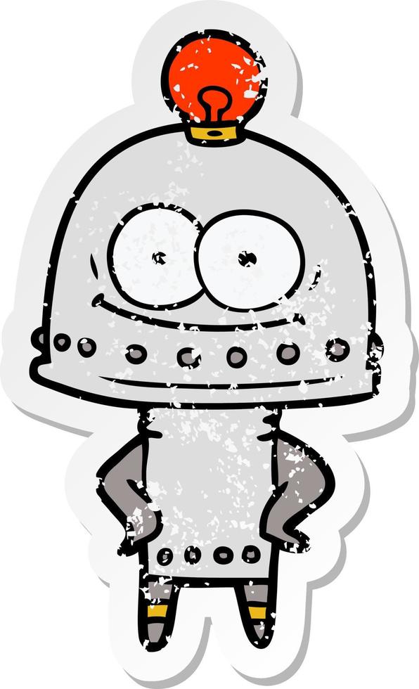 distressed sticker of a happy carton robot with light bulb vector