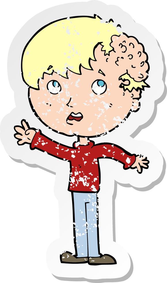 retro distressed sticker of a cartoon boy with growth on head vector