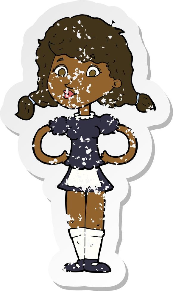 retro distressed sticker of a cartoon happy waitress woman vector