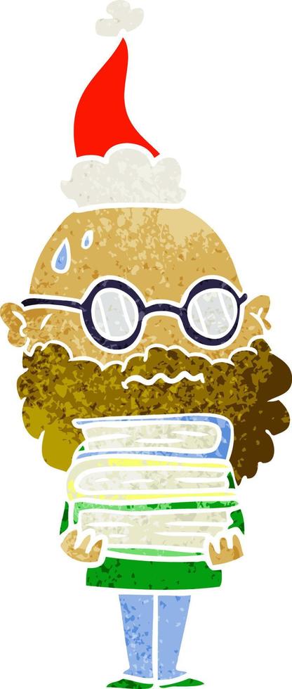 retro cartoon of a worried man with beard and stack of books wearing santa hat vector
