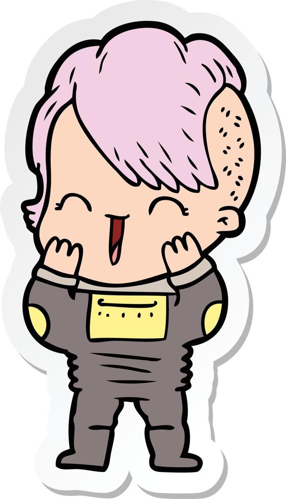 sticker of a cartoon happy hipster girl wearing space suit vector
