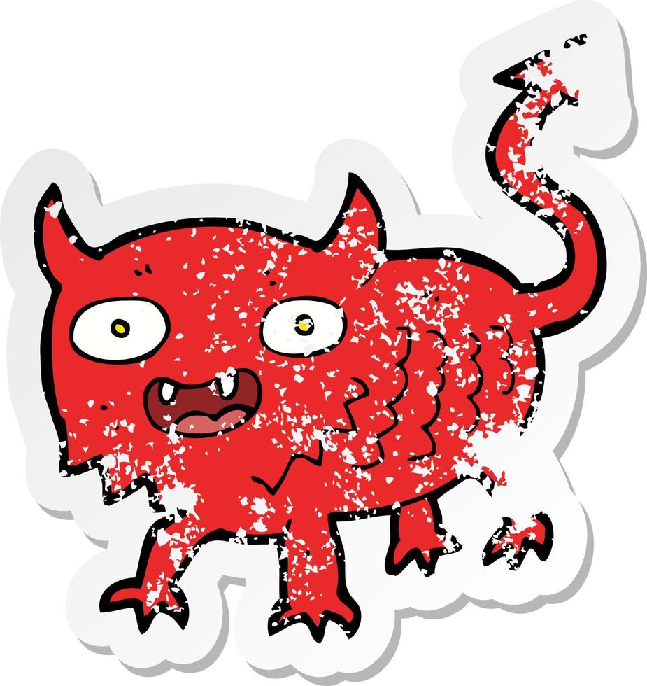 pegatina retro angustiada de un pequeño demonio de dibujos animados vector