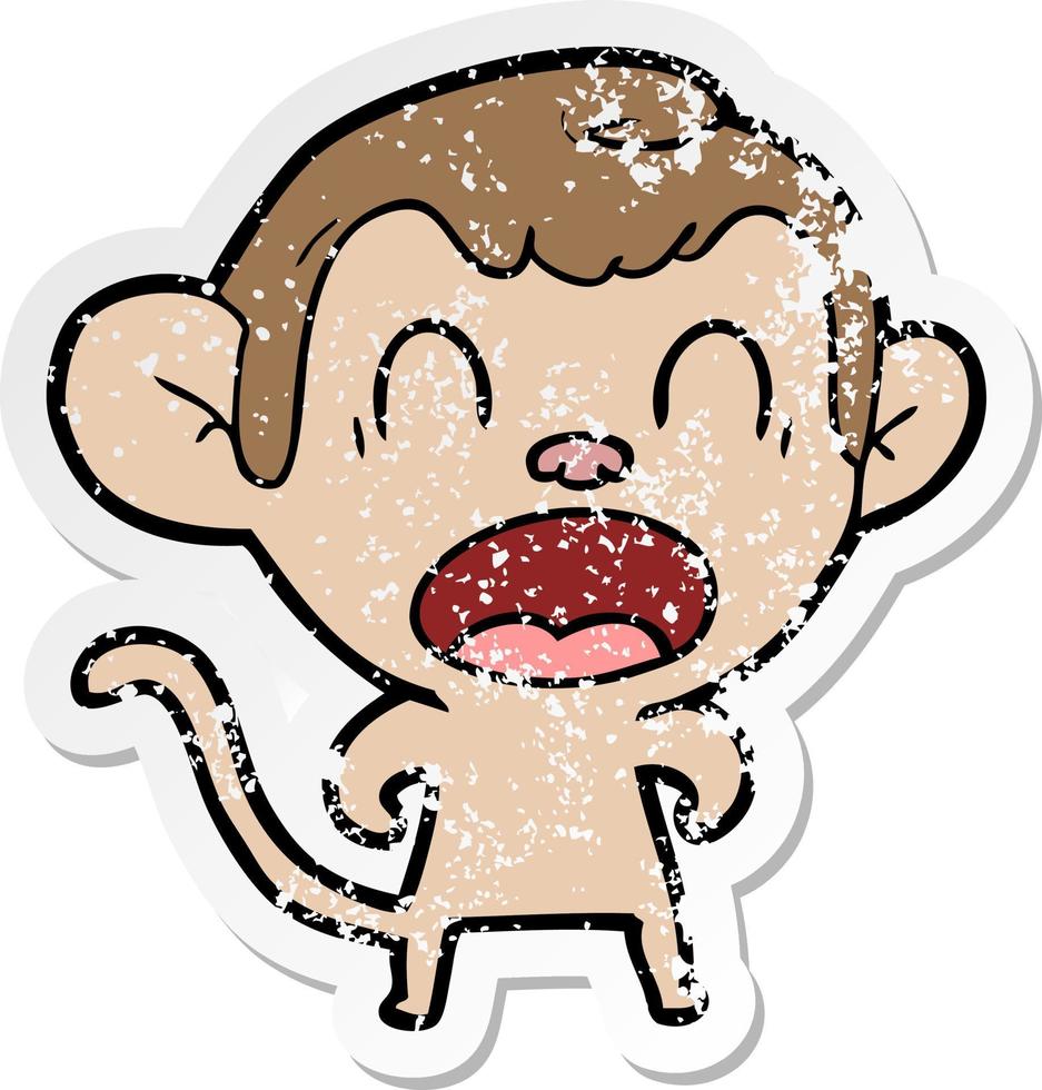 distressed sticker of a shouting cartoon monkey vector