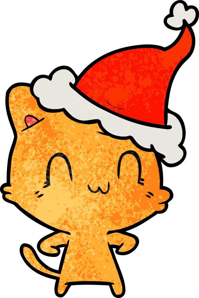 textured cartoon of a happy cat wearing santa hat vector