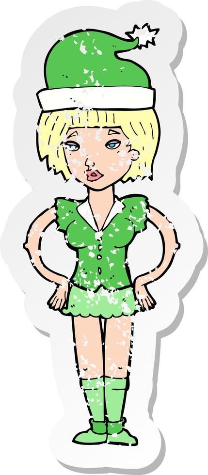 retro distressed sticker of a cartoon woman in christmas elf outfit vector