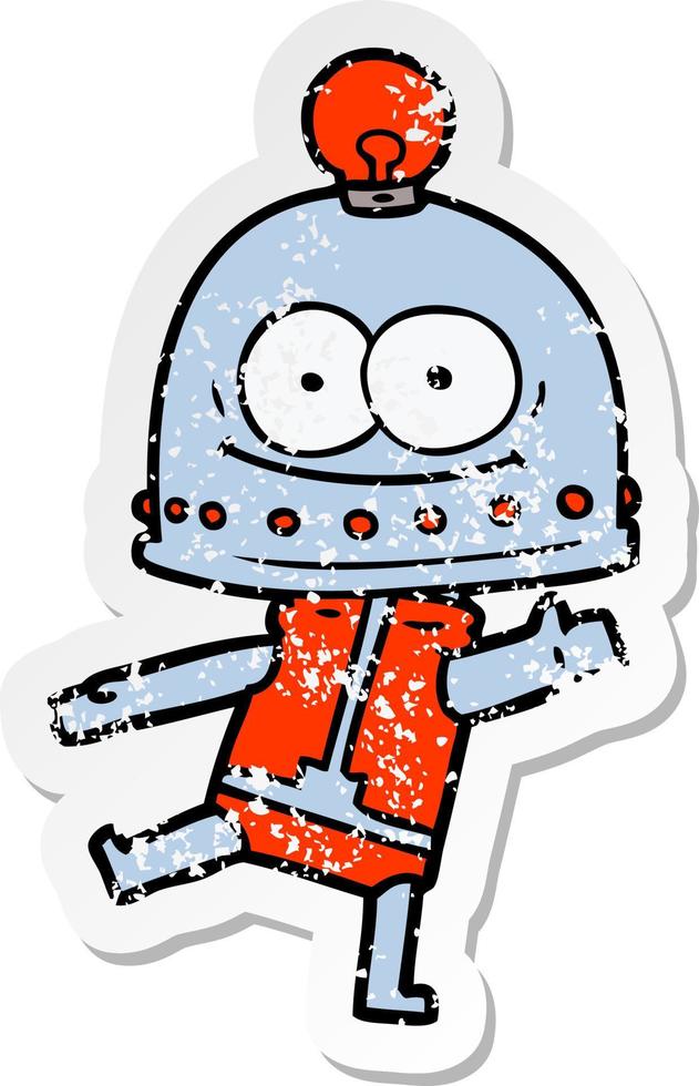 distressed sticker of a happy carton robot with light bulb vector