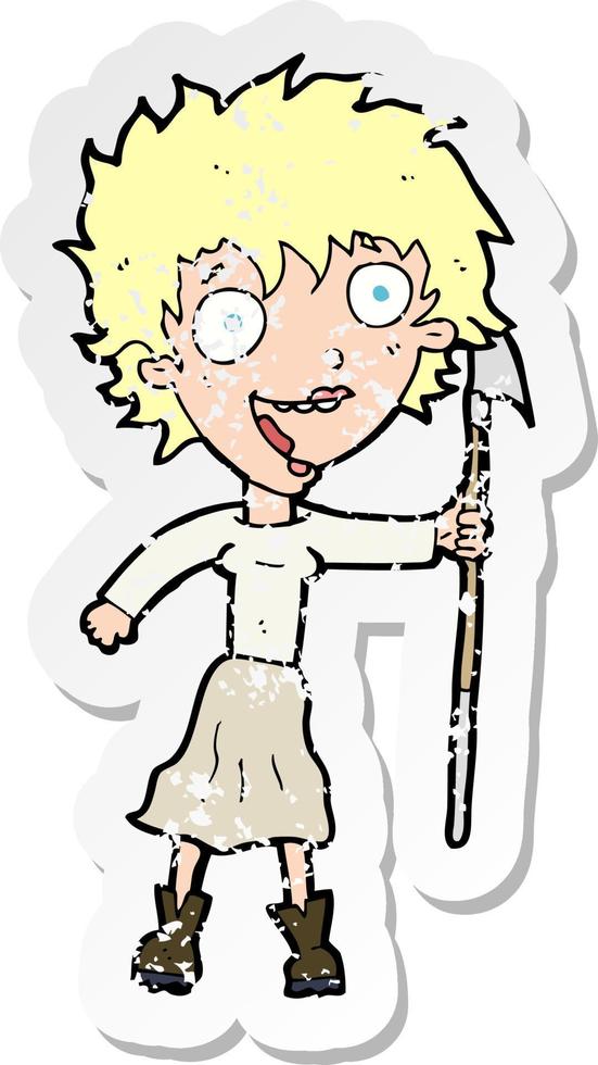 retro distressed sticker of a cartoon crazy woman with spear vector