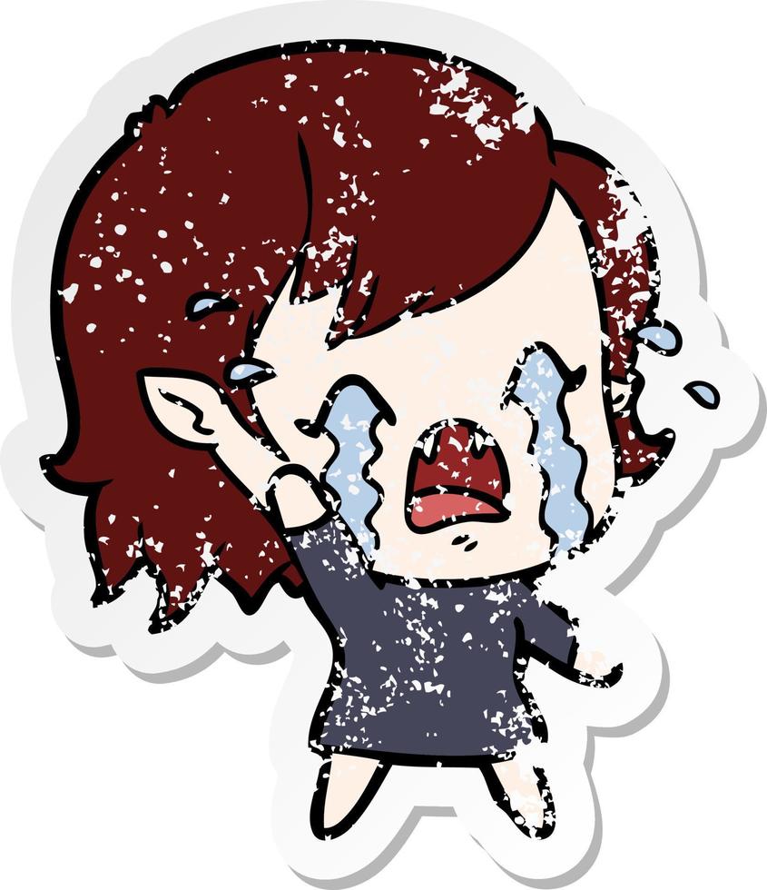 distressed sticker of a cartoon crying vampire girl vector