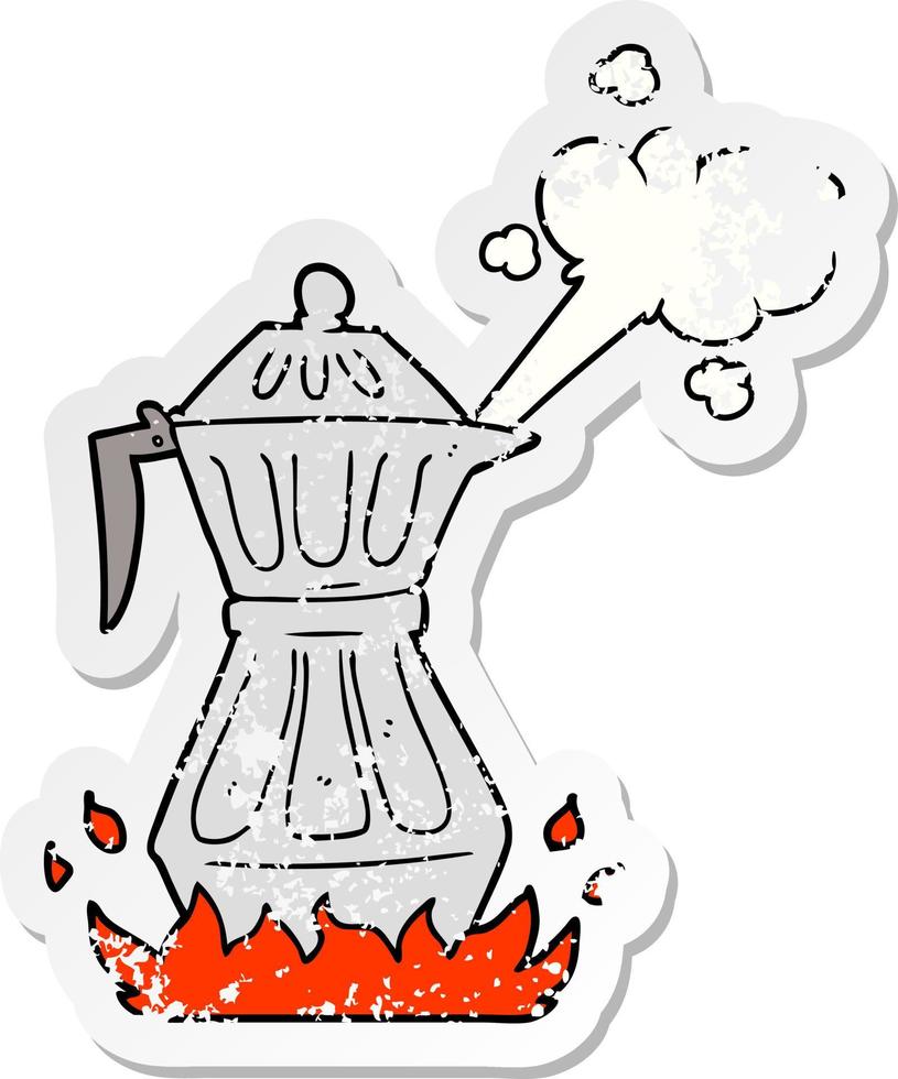 distressed sticker of a cartoon steaming espresso pot vector