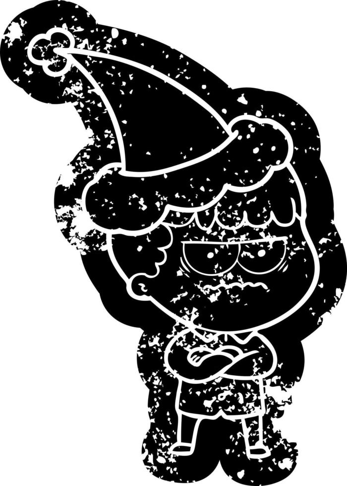 cartoon distressed icon of an annoyed man wearing santa hat vector