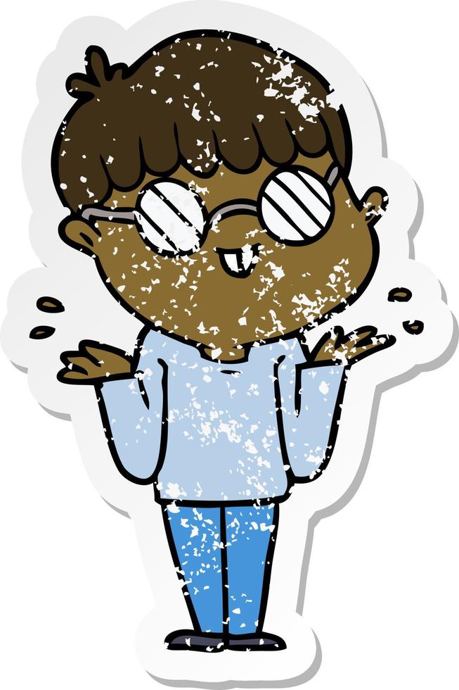 distressed sticker of a cartoon boy wearing spectacles vector