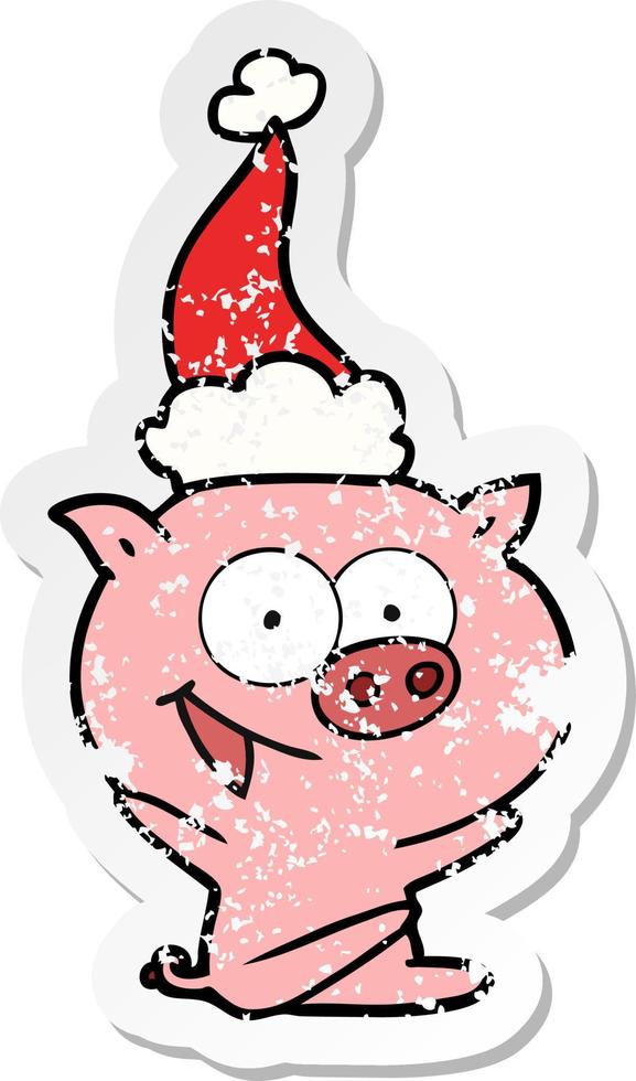 cheerful sitting pig distressed sticker cartoon of a wearing santa hat vector