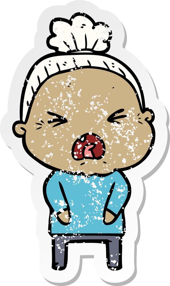 distressed sticker of a cartoon angry old woman vector