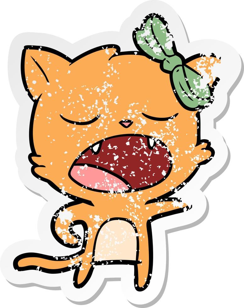 distressed sticker of a cartoon yawning cat vector