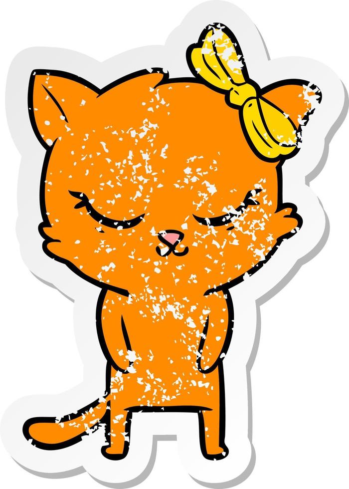 distressed sticker of a cute cartoon cat with bow vector