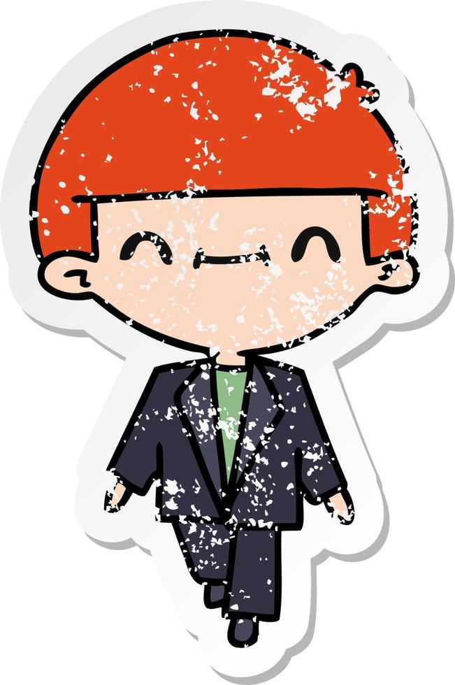 distressed sticker cartoon of cute kawaii boy in suit vector