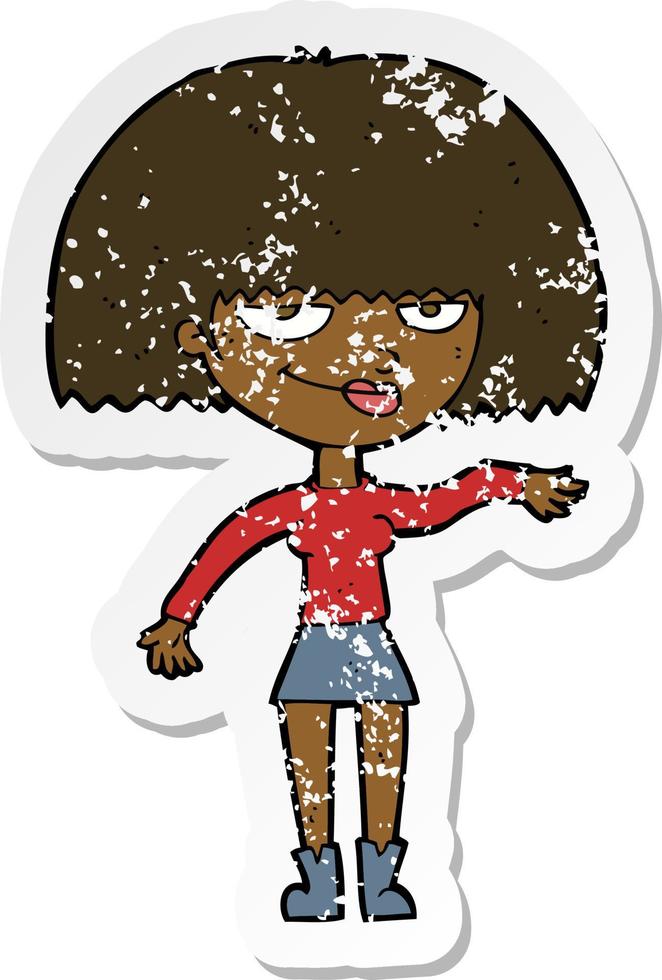 retro distressed sticker of a cartoon smug woman making dismissive gesture vector