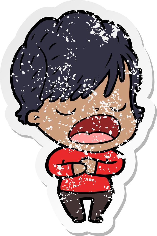 distressed sticker of a cartoon woman talking vector