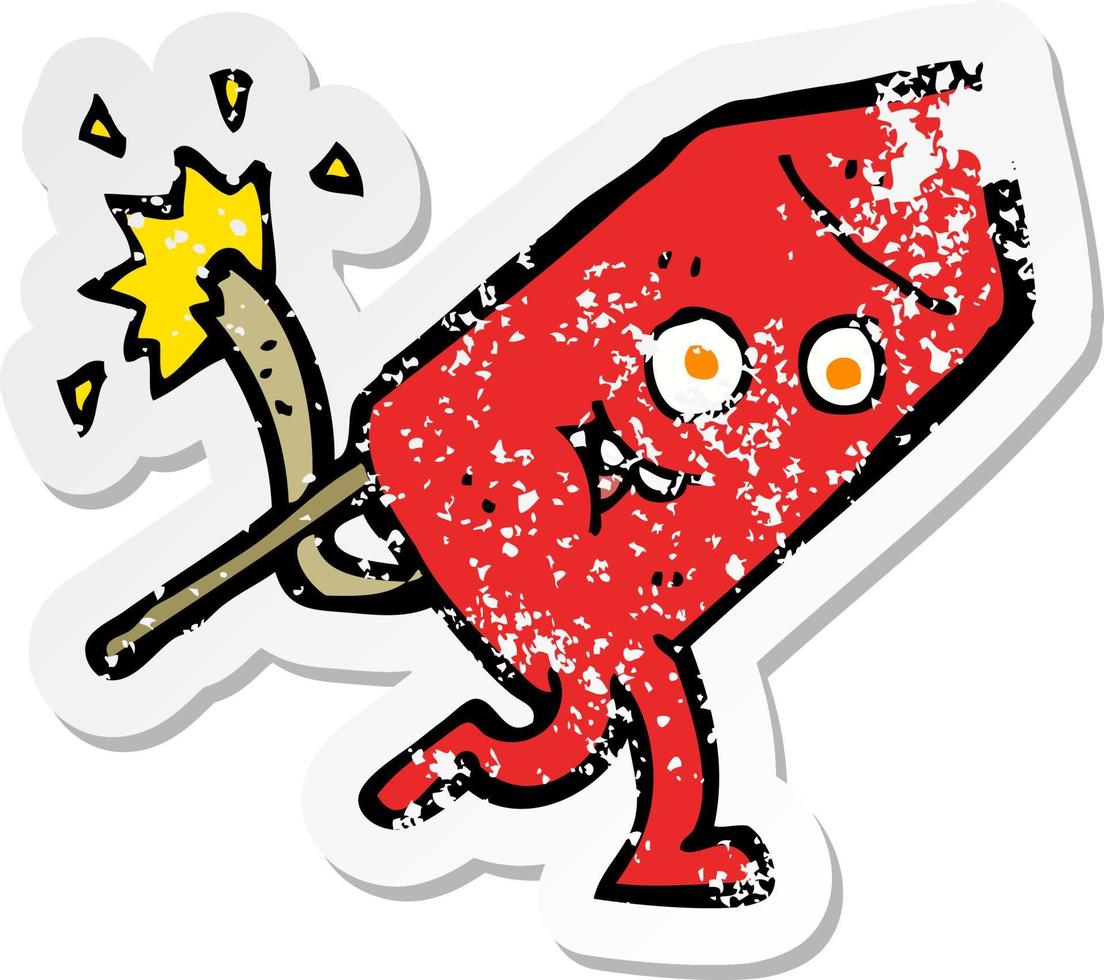 retro distressed sticker of a cartoon funny firework character vector