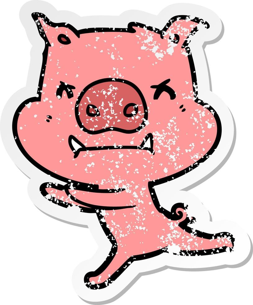 distressed sticker of a angry cartoon pig vector