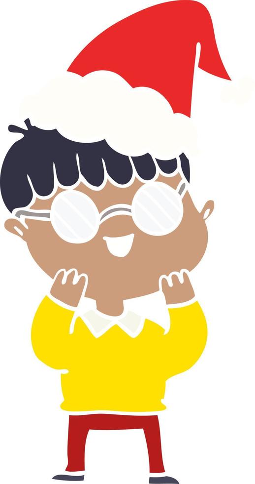 flat color illustration of a boy wearing spectacles wearing santa hat vector