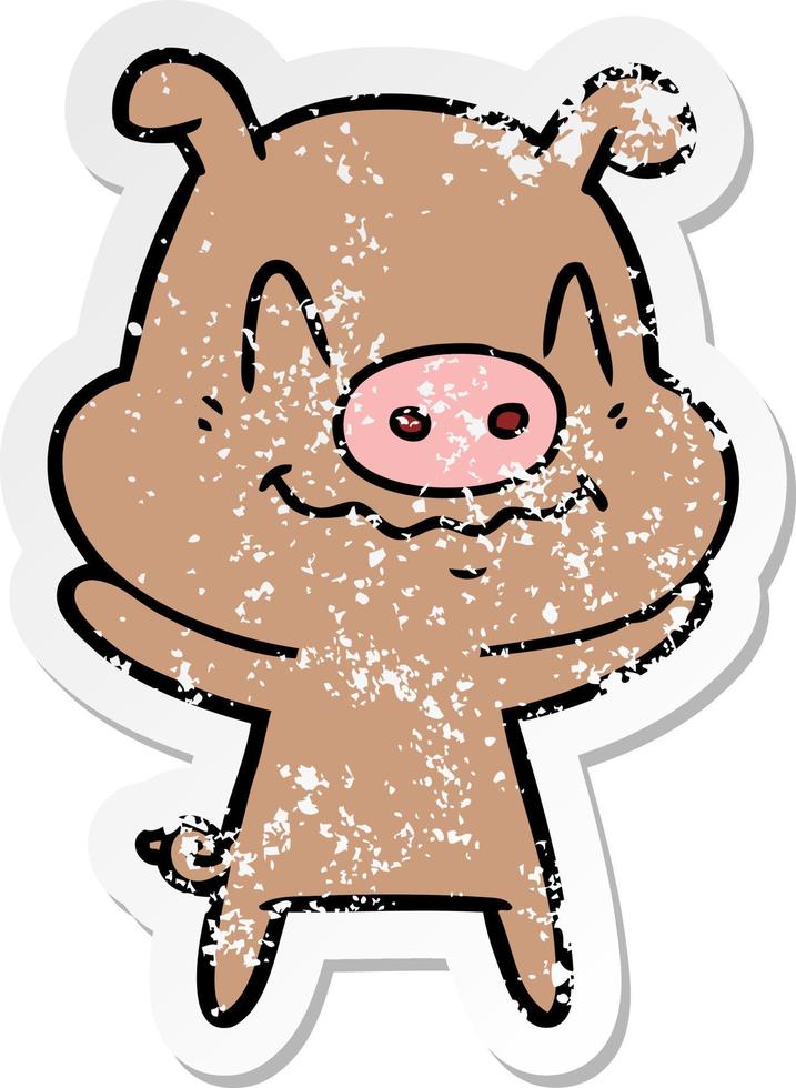 distressed sticker of a nervous cartoon pig vector